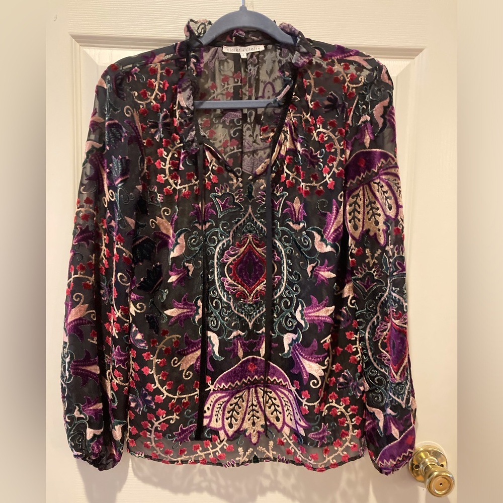 Violet & Claire Vibrant Multi Color Velvet Burnout Ruffle V-neck Blouse WM SZ S